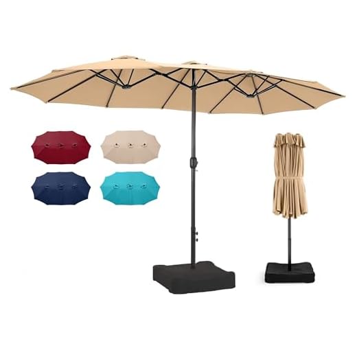 Bigroof 15ft x 9ft Patio Double-Sided Umbrella with Base & Crank, Extra Large Rectangular Outdoor Umbrella for Patio, poolside Lawn & Garden, Beige