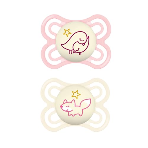 Image of MAM Perfect Night Baby Pacifier, Patented Nipple, Glows in the Dark, 0-6 Months, Girl, 2 Count (Pack of 1)