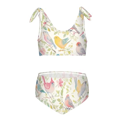 Decorative Bird Pattern Girl Two Piece Kids Bikini Set Beach Swimsuits Swimwear Adjustable Shoulder Strap