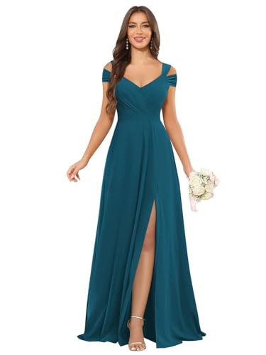 Image of petyoo Off Shoulder Chiffon Bridesmaid Dresses with Slit Long Formal Evening Dress