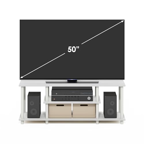 Image of Furinno Turn-N-Tube 3-Tier Toolless Assembly TV Stand, White | for TV up to 50 Inch, Open Frame Rectangular Entertainment Center with Storage Shelf, TV Console, for Living Room, Bedroom