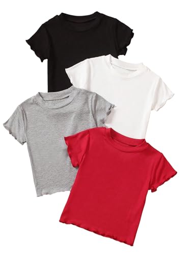MakeMeChic Girl's 4pack Ribbed Short Sleeve T Shirts Casual Solid Summer Tees