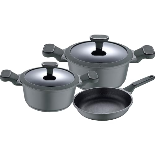 Set 5pcs bateria de cocina: sartén sin tapa de 24 (1,9L), cacerolas con tapa de 20 (2,46L) y 24cm (4,3L), aluminio fundido, apta para inducción, colección Solo de San Ignacio