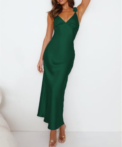Image of Phicia Summer Satin Spaghetti Strap V Neck Midi Dresses for Women Wedding Guest Elegant Flower Backless Cocktail Formal Dress