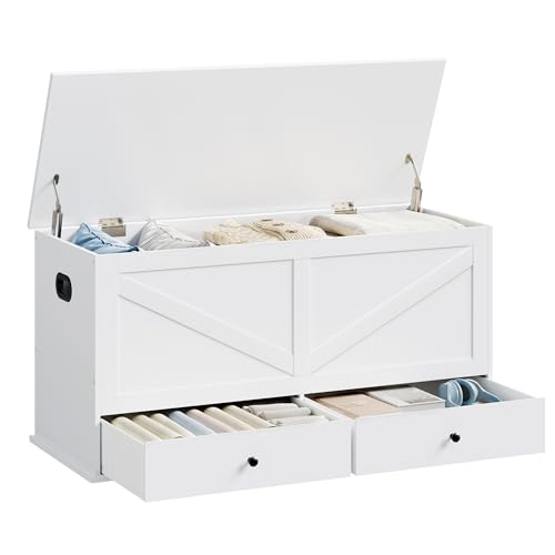 VASAGLE Storage Chest Storage Bench with 2 Fabric Drawers Farmhouse Style for Entryway Bedroom Living Room 15.7 x 39.4 x 19.9 Inches Cloud White ULSB043W01