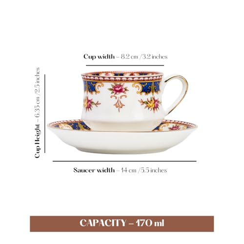 Image of GOLDEN QUEEN'S Cup & Saucer Set | Perfect for Hosting & for Tea /Coffee Lovers | Handcrafted in India, Inspired by Florals & 24-Carat Gold Rim | 6 Cups & 6 Saucers |170 ml (Blush & Blue Cascade)