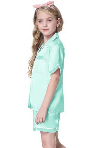 Image of Schbbbta Girls Womens Pajamas, Satin Silky Pjs Set Kids 2Pcs Button-Down Nightwear Sleepwear Gift for Mommy and me