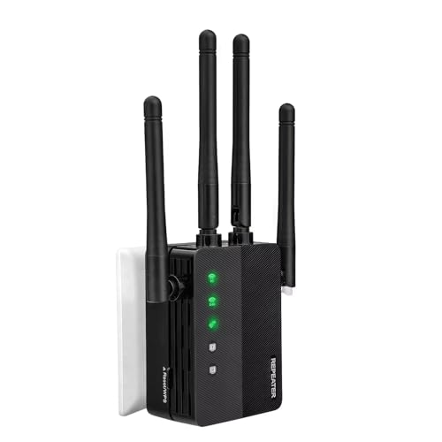 Amplificador WiFi 1200 Mbps Doble Banda, Cobertura hasta 1200 m² y 150+ Dispositivos, Repetidor WiFi con 4 Antenas Externas, Configuración Fácil - Negro