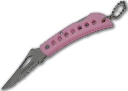 Pink Handle & Silver Blade MEAN BITCH Keychain Pocket Knife Partially Serrated 5" Open