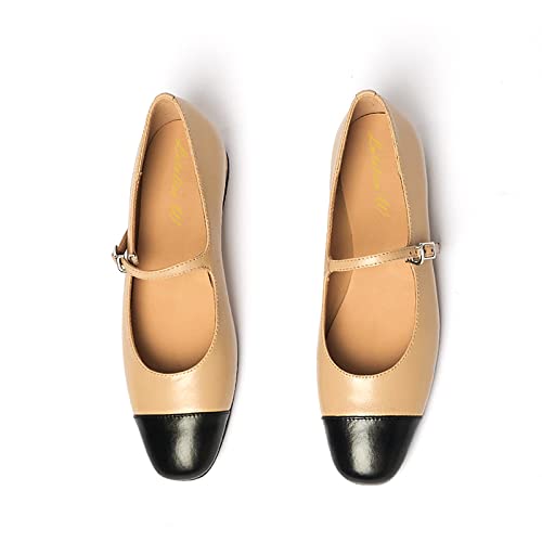 Lutalica W Women's Stylish Closed Cap Toe Matte Leather Two-Tone Instep Strap Ballet Flats Office Lady Comfort Round Toe Dress Mary Jane Flat Pumps Shoes3