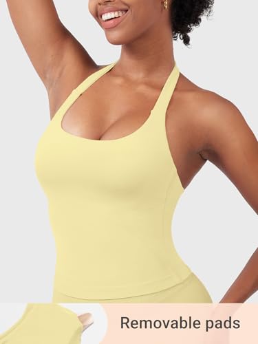 Image of YEOREO SoftHue Women's Impact Halter Tank Top Longline Backless Scoop Neck Built-in Bra Sports Workout Gym Crop Top