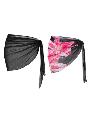 Women's 2 Packs Floral See Through Beach Skirts Knot Side Swimsuit Coverups Sarong Beachwear