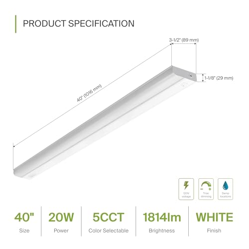 Image of ASD LED Under Cabinet Lighting Hardwired, 40 Inch 20W 2700K-5000K Selectable, 1814LM, CRI90+, Direct Wire Linkable Under Counter Lights for Kitchen, Dimmable Under Cabinet Lights, White, UL, 6 Pack