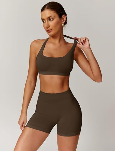 Image of ABOCIW Workout Sets for Women 2 Piece seamless Halter Sports Bra Scrunch Butt Impact Shorts Gym Yoga Outfits