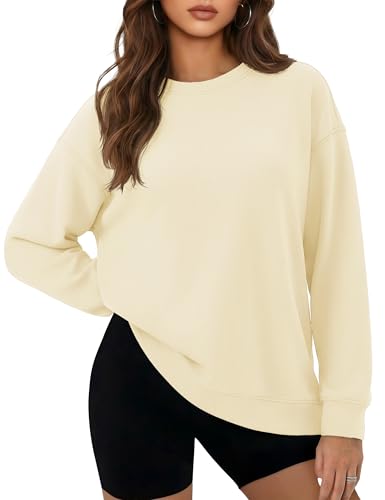 YUCOLEN Womens Oversized Sweatshirt Crewneck Fleece Long Sleeve Pullover Tops Loose Fit Casual Fashion Fall Winter Clothes BeigeWhite Large