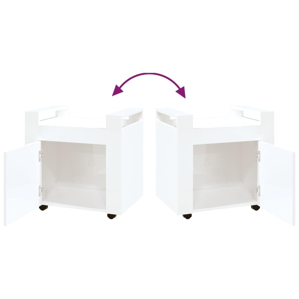 Hochglanz-Weißer Bürowagen 60x45x60 cm aus Holzwerkstoff mit 4 Rollen, stabile Oberfläche, Stauraum, Tür, ideal für Büroorganisation, langlebig, leicht beweglich, pflegeleicht