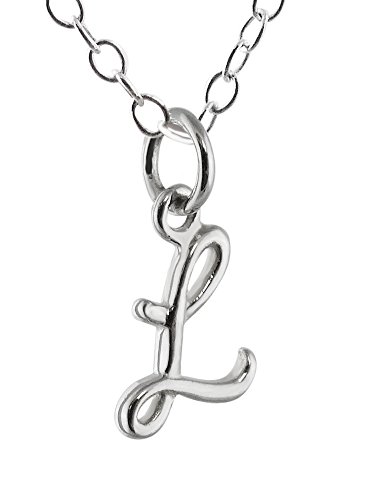 Sterling Silver Tiny Initial Letter L Charm Necklace, 18 Inch Chain, Cursive Handwriting Cover