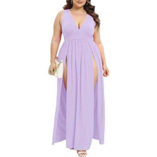 Image of SILUI Women's Summer 2026 Sexy Double High Slit Deep V Neck Plus Size Sundresses Thigh Split Maxi Club Party Dresses