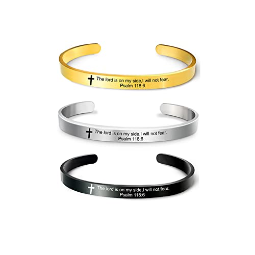 Renyilin 3Pcs Religious Prayer Bracelet Cross Engraved With Bible Verse The Lord Is On My Side，I Will Not Fear.psalm 118:6" Inspired By Baptism Faith Cuff Jewelry #TOP17