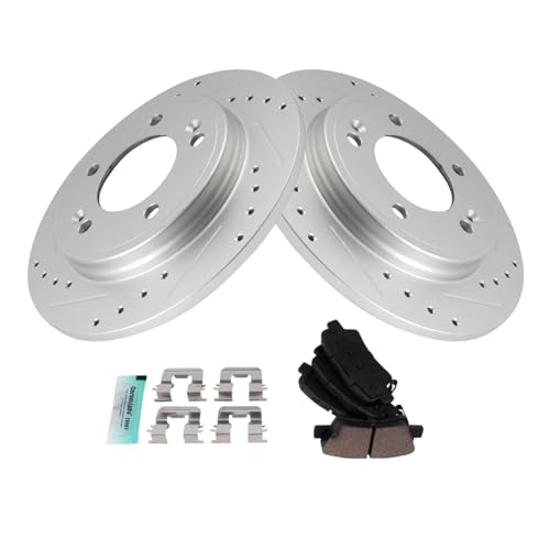 Image of TRQ Performance Rear Brake Pad and Rotor Set Ceramic Coated Drilled Slotted Rotors Compatible with 2019-2021 Hyundai Veloster 2020 Kia Forte