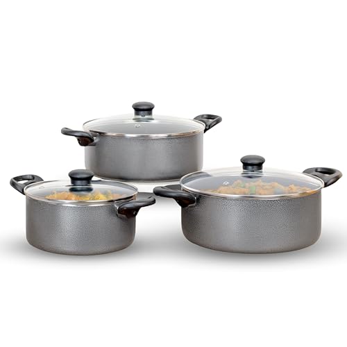 Kreme Deluxe Non Stick Casserole Set of 3 with Lid | Aluminum Cookware Set | 2.5 LTR + 3.5 LTR + 4.5 LTR | Uses Less Oil | Induction Base Gas Compatib