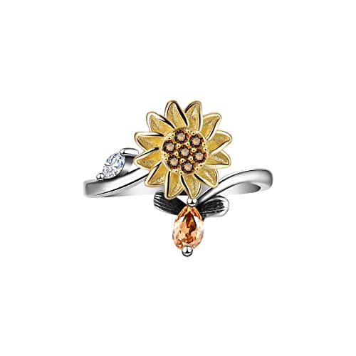 Sterling Silver Fidget Anxiety Ring for Women Adjustable Open Fidget Rings for Anxiety Fidget Relieving Stress Sunflower Moon Star Stackable Rings Jewelry2