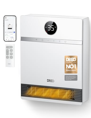 Dreo Smart Electric Wall Heater, 28dB Silent Ceramic Space Heaters for Home, Low Energy, 30° Oscillation, Adjustable Thermostat, 24H Timer, IP24 Wall Mounted for Bedroom, Works with Alexa