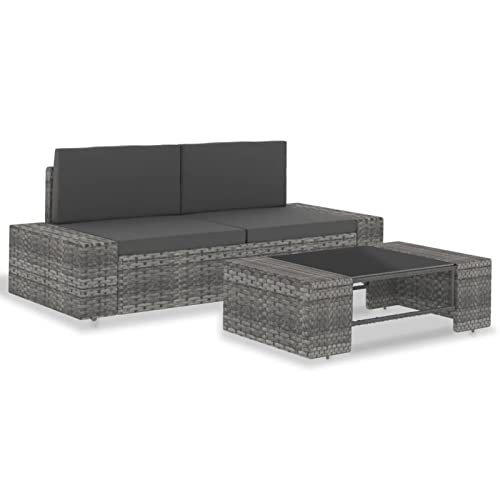 Tidyard 3-TLG. Garten-Lounge-Set Poly Rattan Grau Lounge- Sofa Sitzgruppe Garten Garnitur Sitzgarnitur Gartenset Gartensofa Grau und Anthrazit