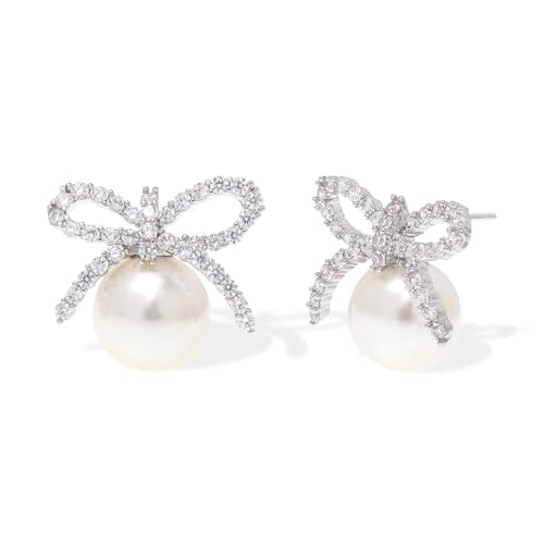 Jean Beau Gold Silver Pearl Bow Stud Earrings for Women, Dainty Pearls CZ Earring Wedding Prom Fashion Jewelry Gift