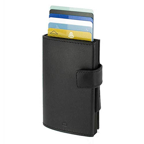 Ögon Smart Wallets - Porte-Cartes Cascade Wallet Snap - Accès instantané aux Cartes par éjection - Jusqu'à 8 Cartes + reçus + Billets - RFID Protection - Aluminium et Cuir (Full Black)