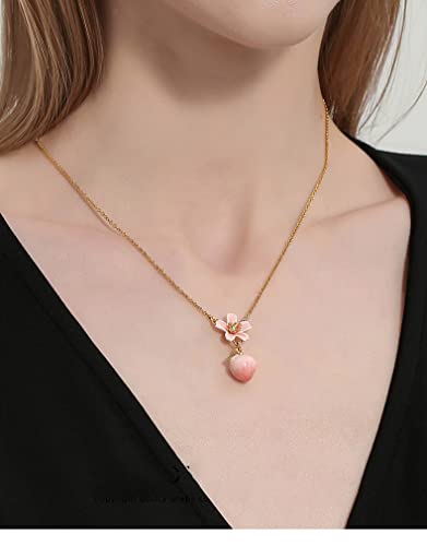 Peach Blossom Flower Enamel Pendant Necklace Handmade Jewelry Gift 18K Gold Plated Copper2