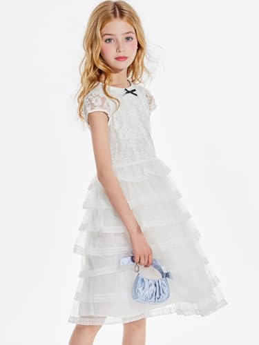 Girls Floral Dress for Spring & Summer,White Lace Overlay with 7-Layer Tulle Skirt - Princess Party Dress for Girls3