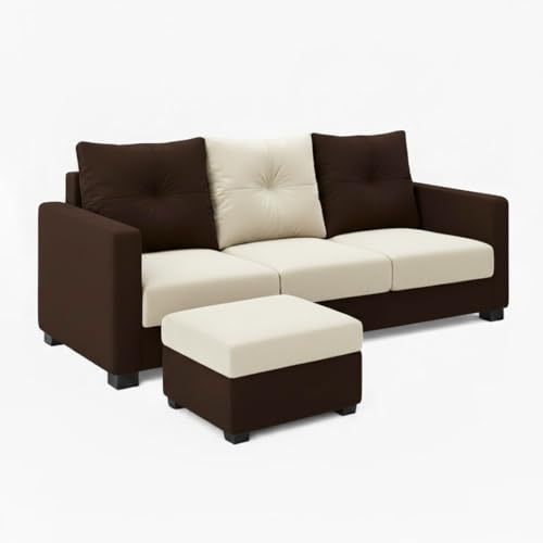 Image of FURNY Amonster 4 Seater L Shape Sofa Set with Movable Ottoman | Flexible Left or Right Layout | Plush Velvet Fabric (Dark Brown-Cream) | Perfect for Living Room, Guest Room & Office