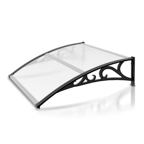 Izrielar Marquesina para puerta de casa, 100 x 120 cm, de aluminio, toldo transparente con soporte ABS, resistente a la lluvia, nieve y protección UV, policarbonato transparente