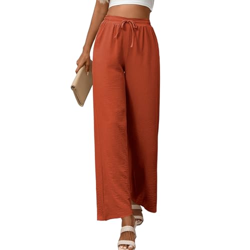 WOWULOVELY Womens Wide Leg Palazzo Pants Flowy Elastic Waist Tie Pant Casual Loose Solid Trousers4