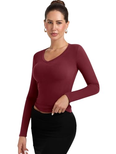 PINKMSTYLE Women V Neck Long Sleeve Shirts Slim Fit Going Out Tops Basic Fall Winter Fashion Base Layer Tops4