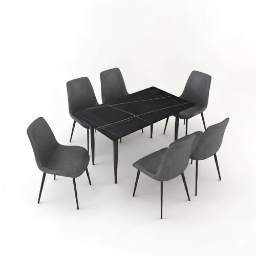 Image of Eclipse Six Seater Faux Marble Dining Set | 15mm Sintered Stone Dining Table | Upholstered Metal Chairs | Galaxy Black (DIY Assembly)