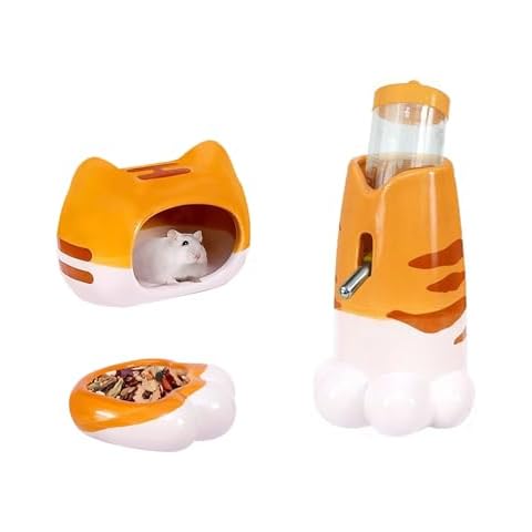 Sirvarni Hamster Cage Accessories-Ceramic Hamster Water Bottle with Stand and Food Bowl and Hideout Habitats for Glass Tank Cool Bed for Syrian Dwarf Gerbils Rat Mouse Mice or Other Small Animals Pet Cover