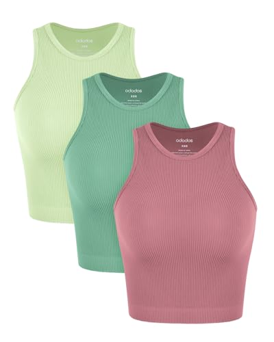 Image of ODODOS 3-Pack Seamless Crop Tank for Women Ribbed Soft High Neck Cropped Tops