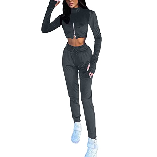 Womens Long Sleeve Turtleneck Zip Open Waist Top High Waist Casual Pants Set 2 Piece Elegant Outfits For Women Grey #TOP27