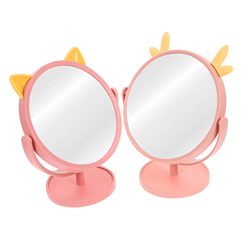 CALLARON 2Pcs Cartoon Design Makeup Mirror Rotatable Table Mirror with Heart and Cat Ears Stylish Cosmetic Desktop Mirror for Dorm Room Home Use and Self Care