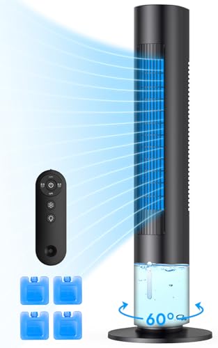 Image of Windowless Portable Air Conditioners, 35 inch Swamp Cooler w /4 Ice Packs, 3 Speeds, 25ft Remote & 7H Timer, 90Oscillating Evaporative Cooler, Ventless Air Conditioner AC Unit for Bedroom Black