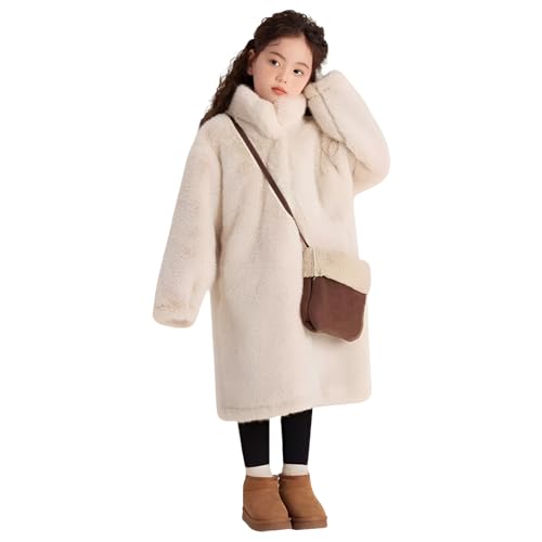 Girl's Fluffy Faux Fur Long Overcoat Button Down Stand Collar Winter Warm Outwear with Pockets