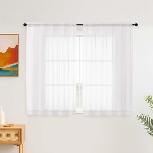 Simplebrand White Short Sheer Curtains Net curtains for Windows 122 cm Drop 2 Panels Set - Light Filtering Elegant Rod Pocket Window Curtains for Bedroom Living Room (White 150cm W x 122cm L)