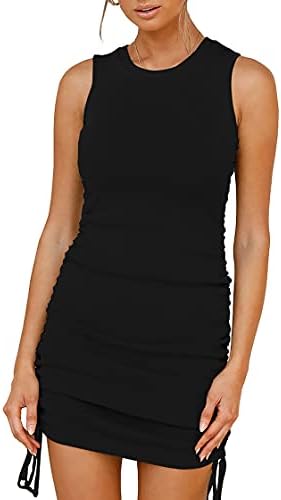 BTFBM Women Sleeveless Bodycon Ruched Short Dress Side Drawstring Solid Crew Neck Casual Summer Tank Shirt Mini Dresses (Black, Small)