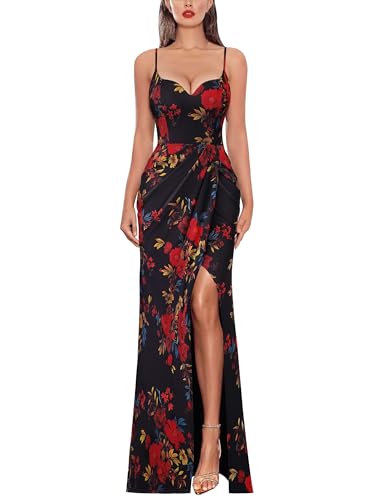 Image of VFSHOW Womens Sexy Formal Ruched Fitted High Slit Bodycon Maxi Dress Spaghetti Strap Sweetheart Cocktail Prom Evening Gown