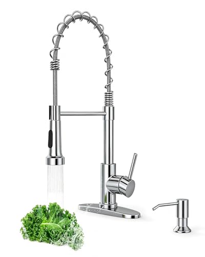 Image of LUFEIDRA Kitchen Faucet with Pull Down Sprayer and Soap Dispenser, High Arc Spring 304 Stainless Steel Single Handle 1 or 3 Hole 2 Mode for Farmhouse (Polished Chrome), Pot Filler Faucets