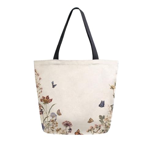 Extra Large Shoulder Tote Bag for Beach Travel Weekender Gym Vintage Wildflowers Butterfly Beige Floral Reusable Grocery Canvas Shopping Bag2