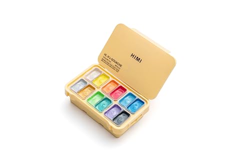 HIMI Twin Cup Gouache Set 12 Colours Yellow Case Metallic Edition Painting Art Set for Artists Paint Brush Paints Supplies Travel Artist Gift Mini Art Paint Essentials