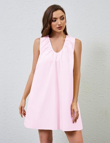 Image of Women Summer Sleeveless Babydoll Mini Dress Scoop Neck Loose Fit Tank Dresses Party Ruched Short Dress with Pockets